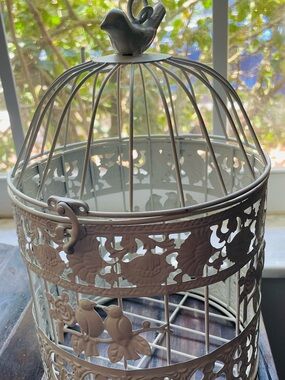 Bird cage-metal-inspired by art deco era-love birds-center piece-planter-candle